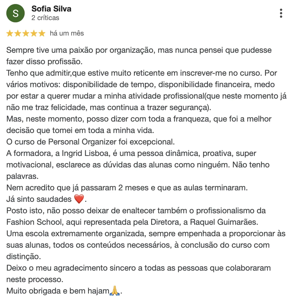 Avaliação de 5 estrelas de uma antiga formanda do curso de Personal Organizer
