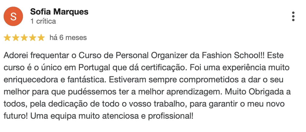 Avaliação de 5 estrelas de uma antiga formanda do curso de Personal Organizer