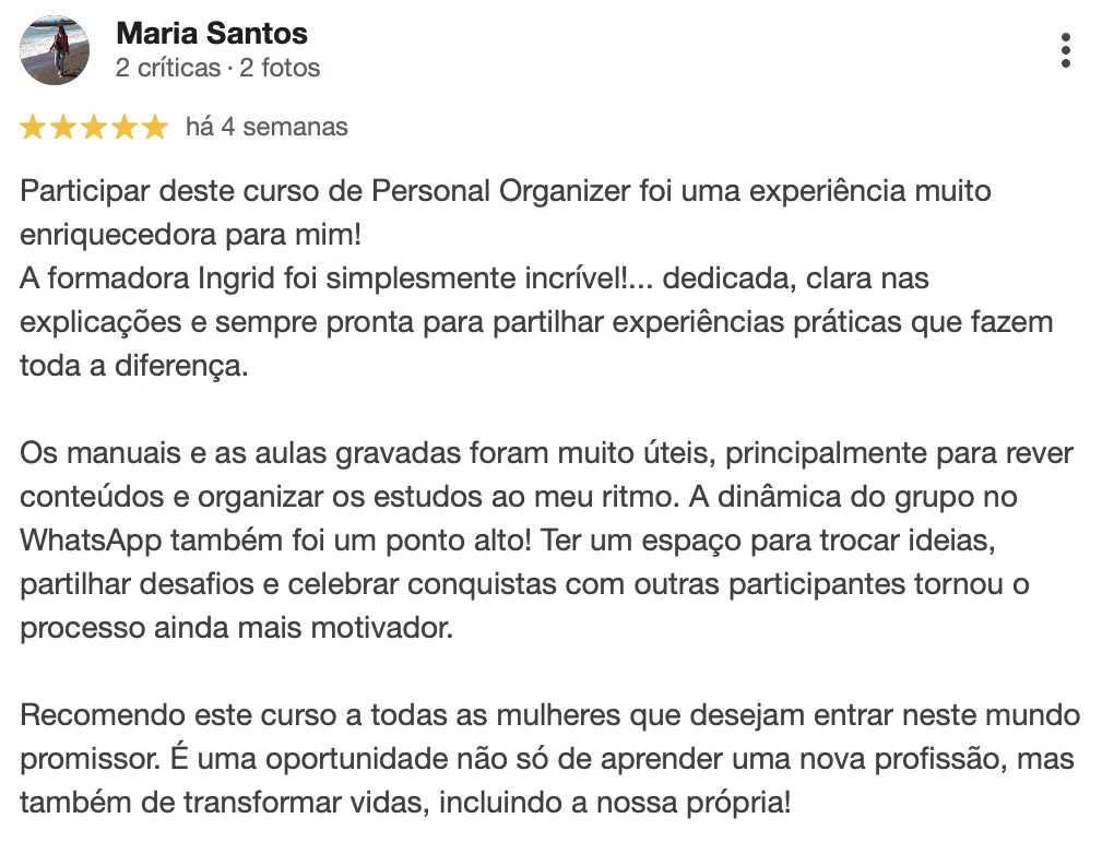Avaliação de 5 estrelas de uma antiga formanda do curso de Personal Organizer