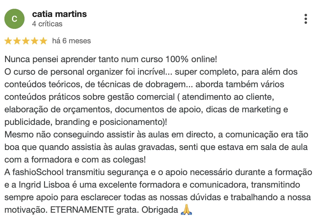 Avaliação de 5 estrelas de uma antiga formanda do curso de Personal Organizer