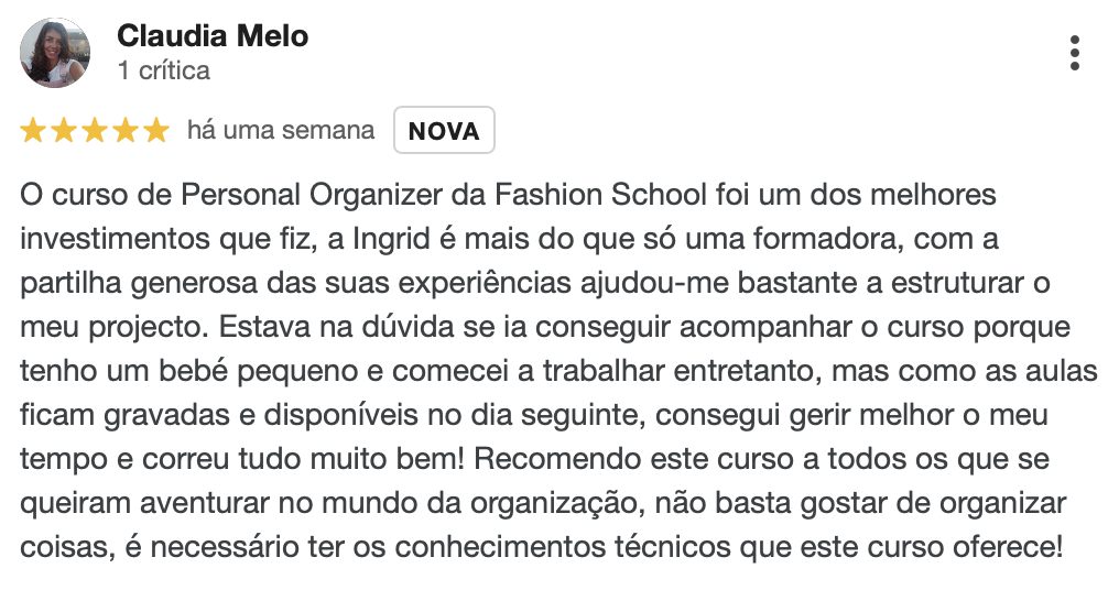 Avaliação de 5 estrelas de uma antiga formanda do curso de Personal Organizer