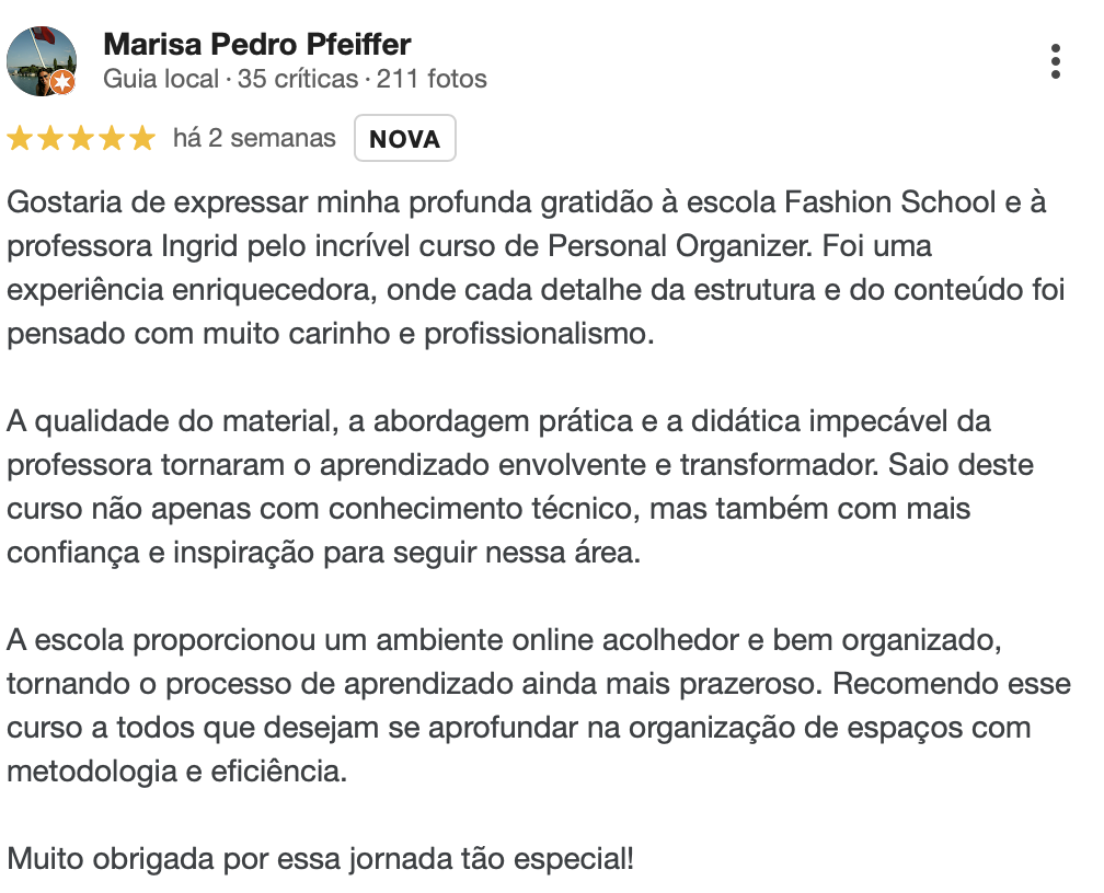 Avaliação de 5 estrelas de uma antiga formanda do curso de Personal Organizer