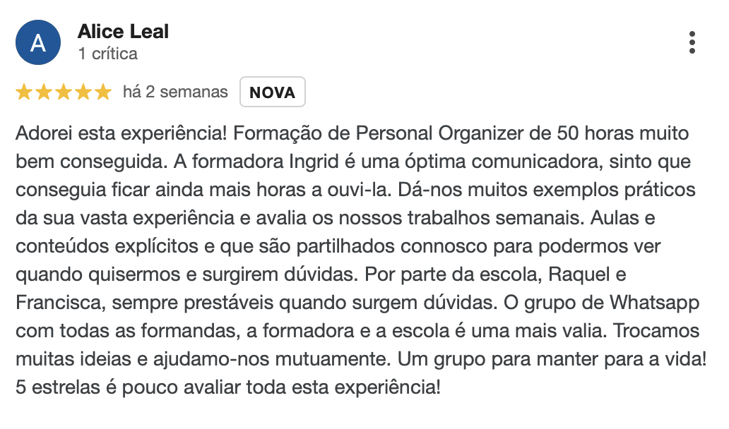 Avaliação de 5 estrelas de uma antiga formanda do curso de Personal Organizer